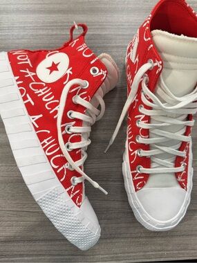 Converse Red & White High-Top Sneakers with Script Print